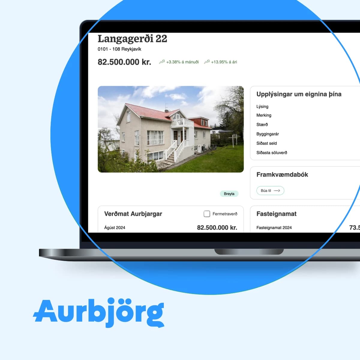 Birt verkefnamynd Aurbjargar sem sýnir fasteignayfirlit á fartölvu.